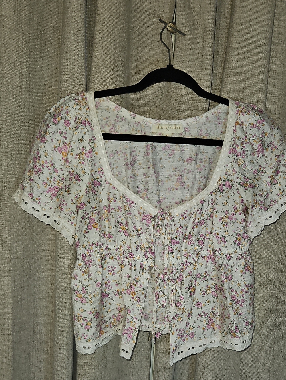 Floral Tie-Front Peasant Top - White with Pink Floral